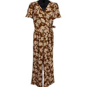 Monteau Women Floral Jumpsuit Pants Brown Short Sleeve V-Neck Size Medium M New